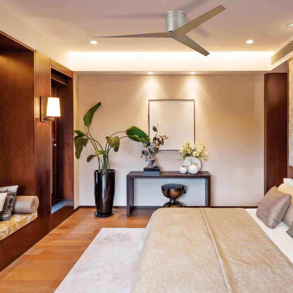 Matthews Fan EKH-BK-BN Eliza-H 3-blade ceiling mount paddle fan in Matte Black finish with brushed nickel ABS blades.
