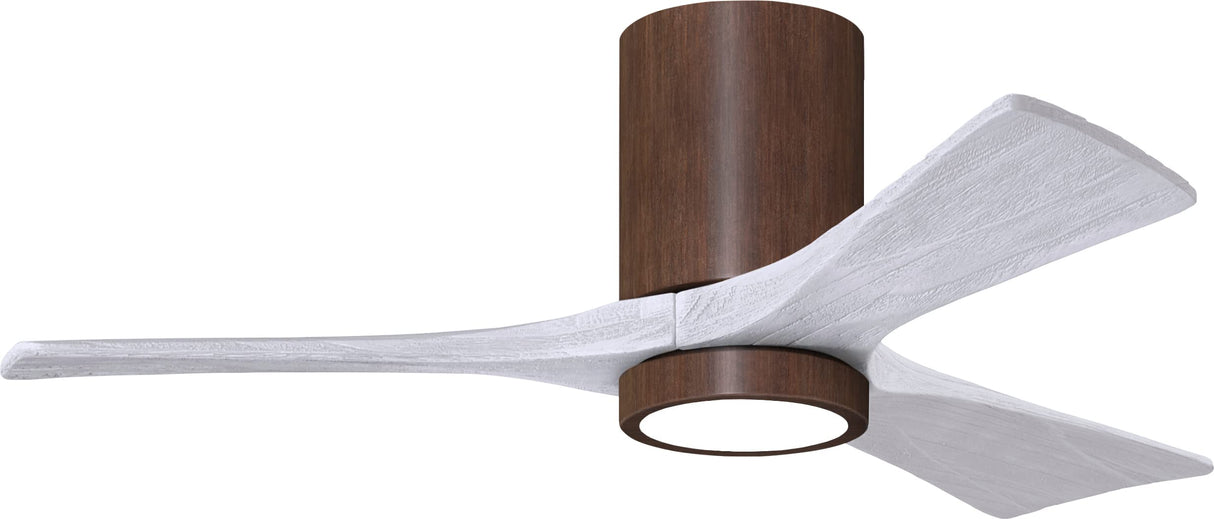 Matthews Fan IR3HLK-WN-MWH-42 Irene-3HLK three-blade flush mount paddle fan in Walnut finish with 42” solid matte white wood blades and integrated LED light kit.