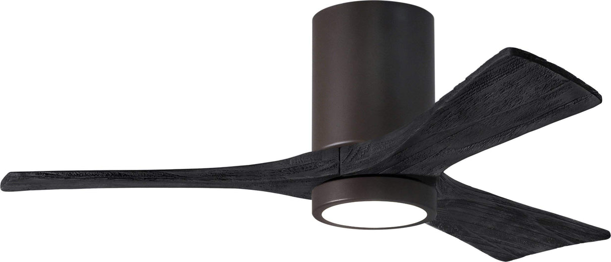 Matthews Fan IR3HLK-TB-BK-42 Irene-3HLK three-blade flush mount paddle fan in Textured Bronze finish with 42” solid matte black wood blades and integrated LED light kit.