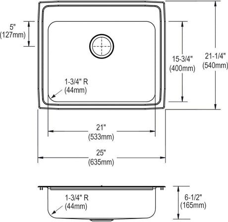 Elkay Lustertone LRADQ2521653 Single Bowl Top Mount Stainless Steel ADA Sink