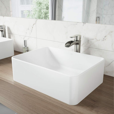 VIGO Amaryllis 19.75 inch L x 14.375 inch W Over the Counter Freestanding Matte Stone Rectangular Vessel Bathroom Sink in Matte White - Sink for Bathroom VG04005