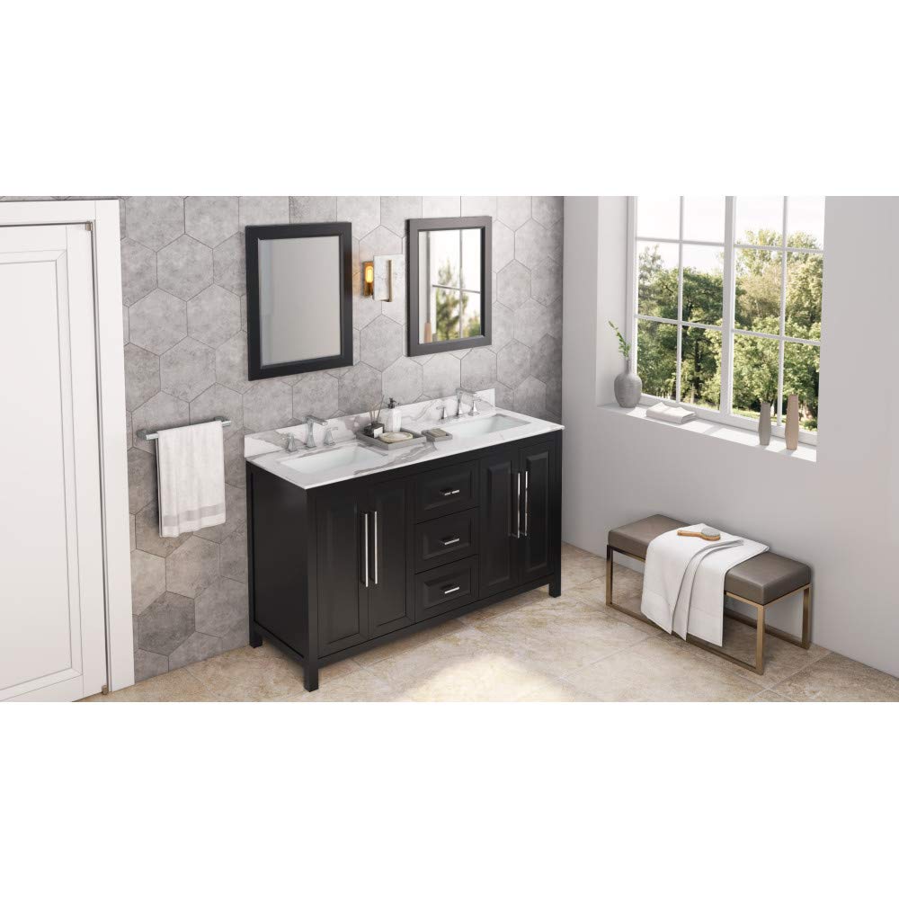 Jeffrey Alexander VKITCAD60BKCQR 60" Black Cade Vanity, double bowl, Calacatta Vienna Quartz Vanity Top, two undermount rectangle bowls