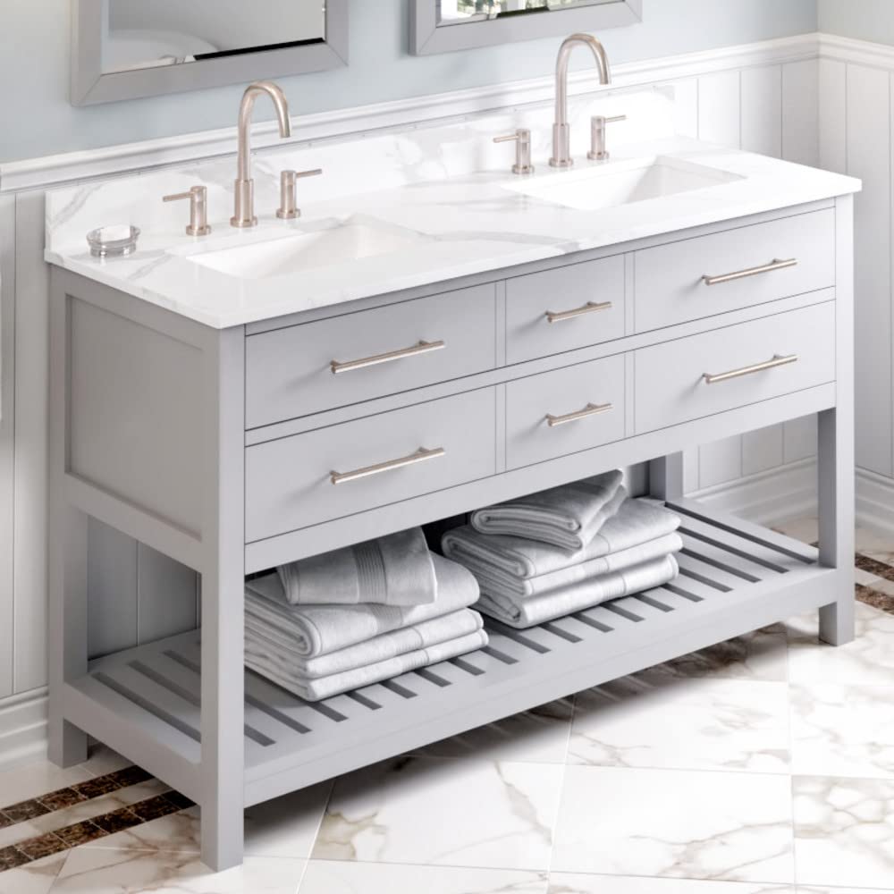 Jeffrey Alexander VKITWAV60GRCQR 60" Grey Wavecrest Vanity, double bowl, Calacatta Vienna Quartz Vanity Top, two undermount rectangle bowls