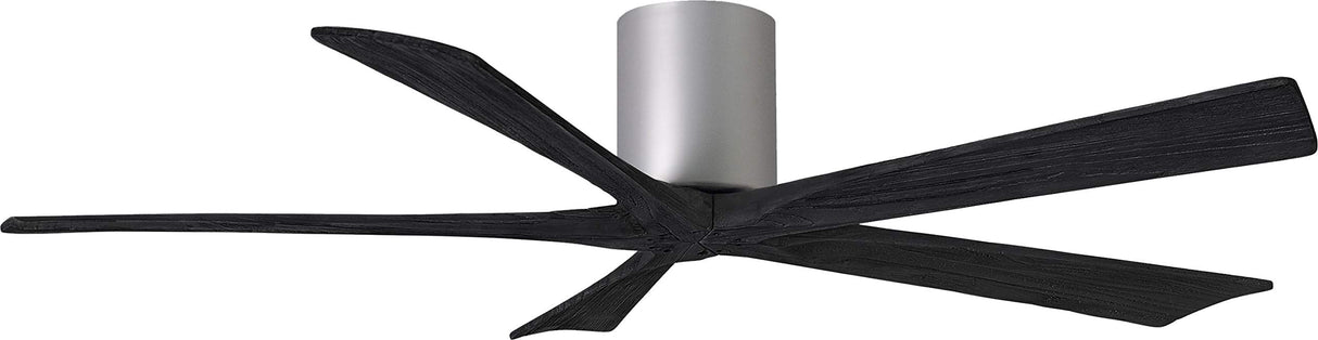 Matthews Fan IR5H-BN-BK-60 Irene-5H five-blade flush mount paddle fan in Brushed Nickel finish with 60” solid matte black wood blades. 