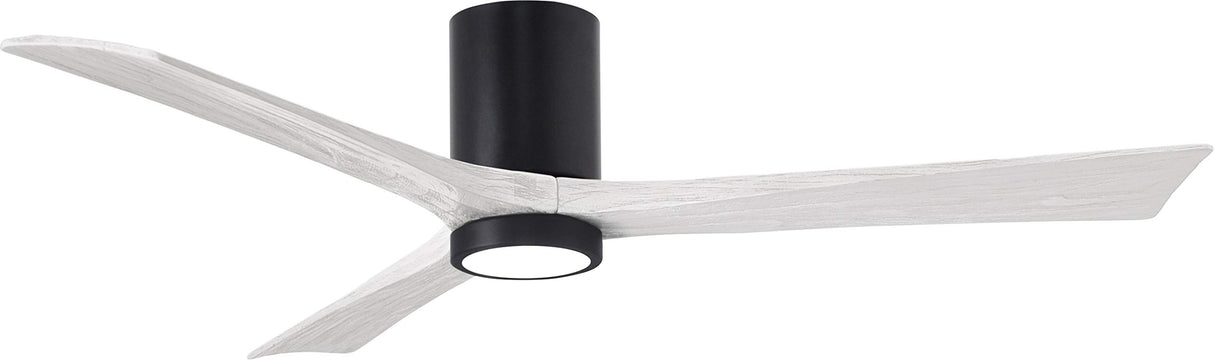 Matthews Fan IR3HLK-BK-MWH-60 Irene-3HLK three-blade flush mount paddle fan in Matte Black finish with 60” solid matte white wood blades and integrated LED light kit.