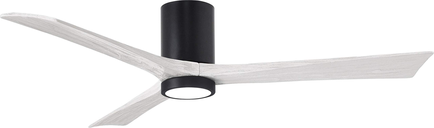 Matthews Fan IR3HLK-BK-MWH-60 Irene-3HLK three-blade flush mount paddle fan in Matte Black finish with 60” solid matte white wood blades and integrated LED light kit.