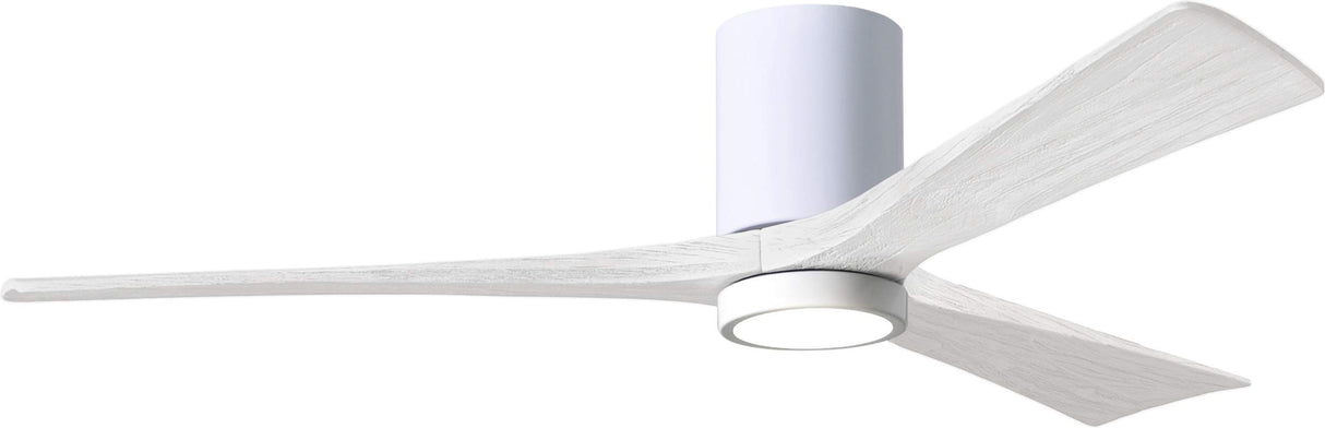 Matthews Fan IR3HLK-WH-MWH-60 Irene-3HLK three-blade flush mount paddle fan in Gloss White finish with 60” solid matte white wood blades and integrated LED light kit.