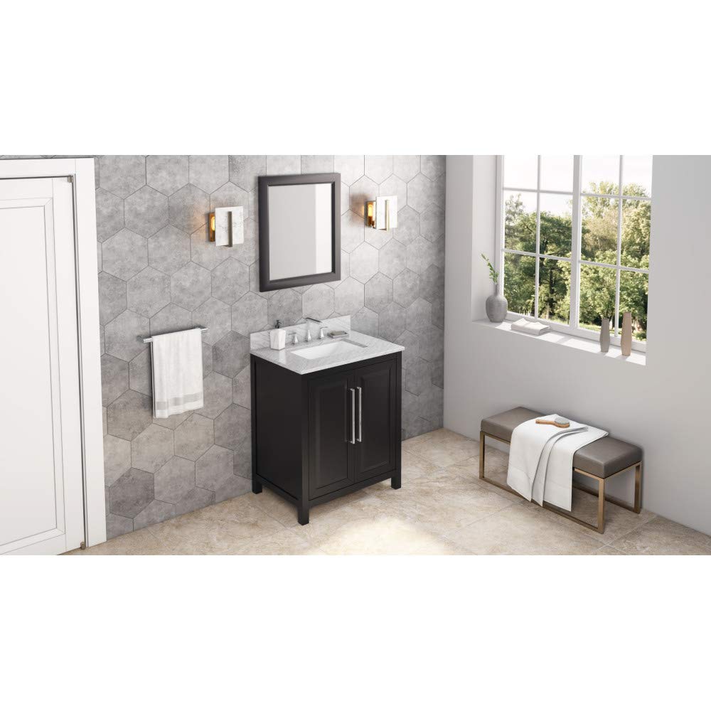 Jeffrey Alexander VKITCAD30BKWCR 30" Black Cade Vanity, White Carrara Marble Vanity Top, undermount rectangle bowl