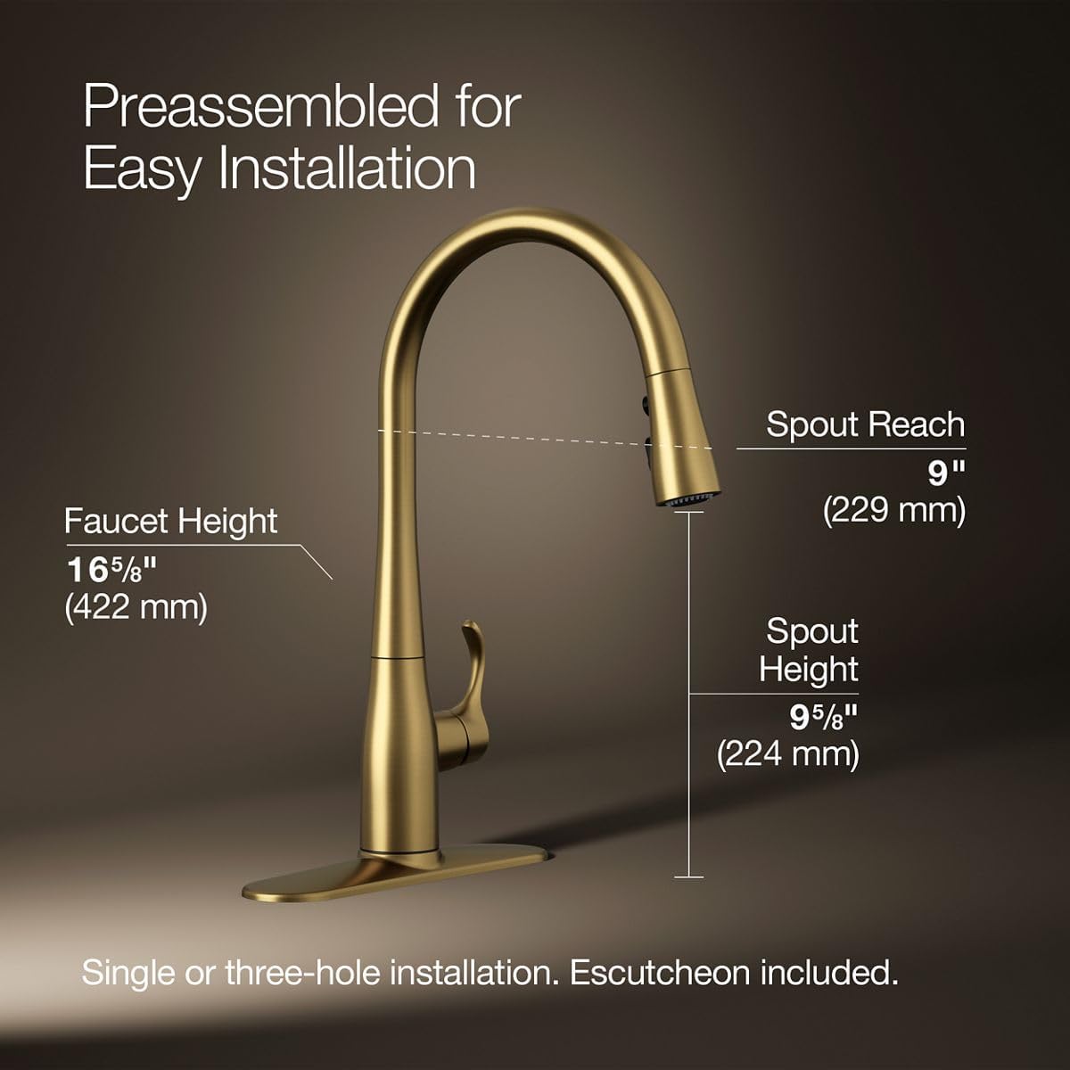 Kohler 596-2MB Simplice Pull Down Kitchen Faucet, 3-Spray Faucet, Kitchen Sink Faucet with Pull Down Sprayer, Vibrant Brushed Moderne Brass