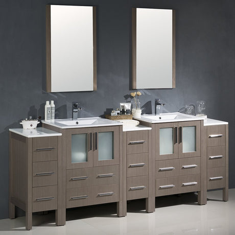 Fresca FVN62-72GO-UNS Fresca Torino 84" Gray Oak Modern Double Sink Bathroom Vanity w/ 3 Side Cabinets & Integrated Sinks