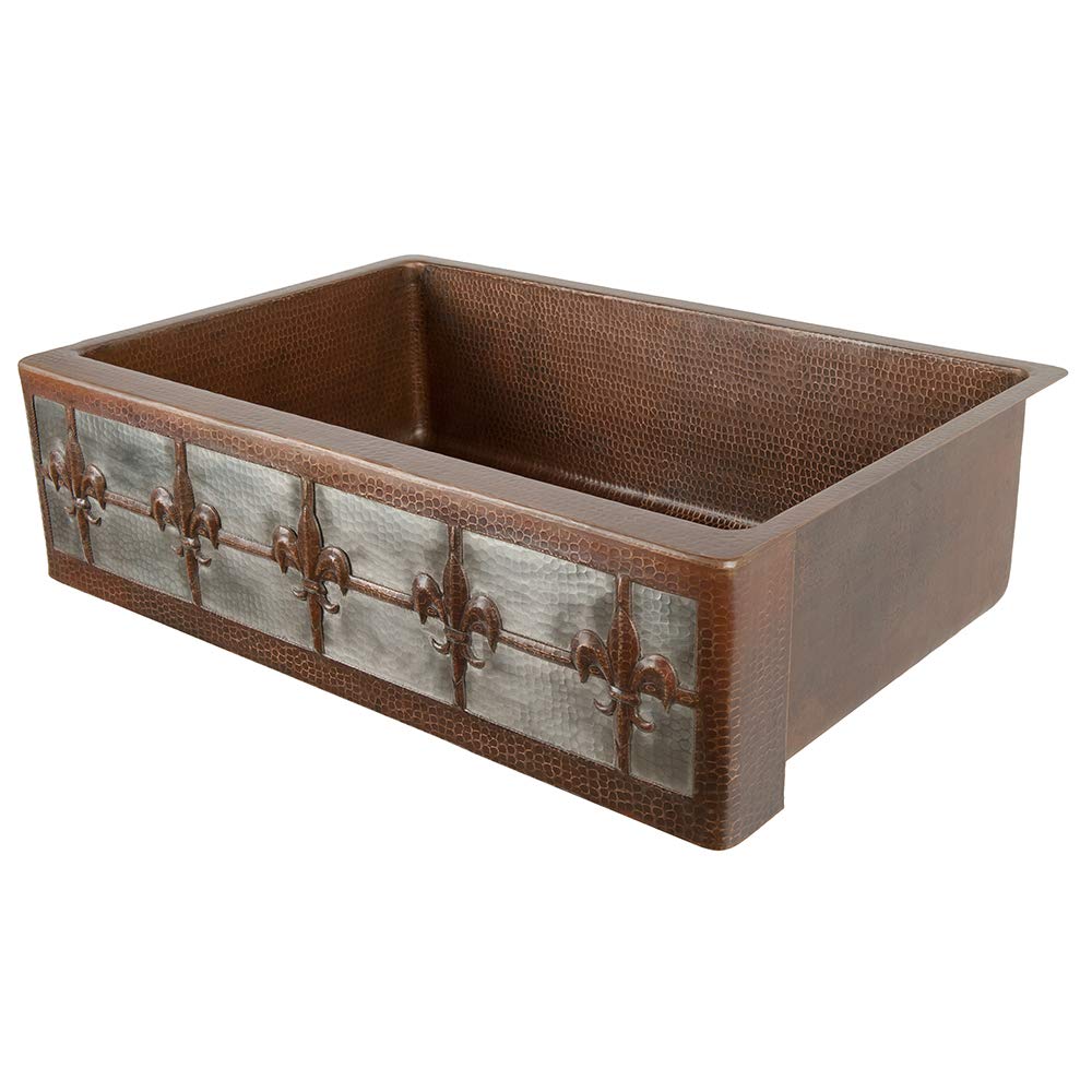 Premier Copper Products KASDB33229F-NB 33-Inch Hammered Copper Apron Front Single Basin Kitchen Sink w/ Fleur De Lis Design and Nickel Background