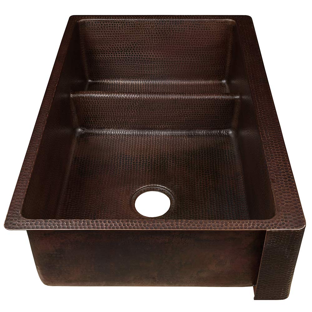 Premier Copper Products KA70DB33229-SD5 33-Inch Hammered Copper Kitchen Apron 70/30 Double Basin Sink with Short 5-Inch Divider…