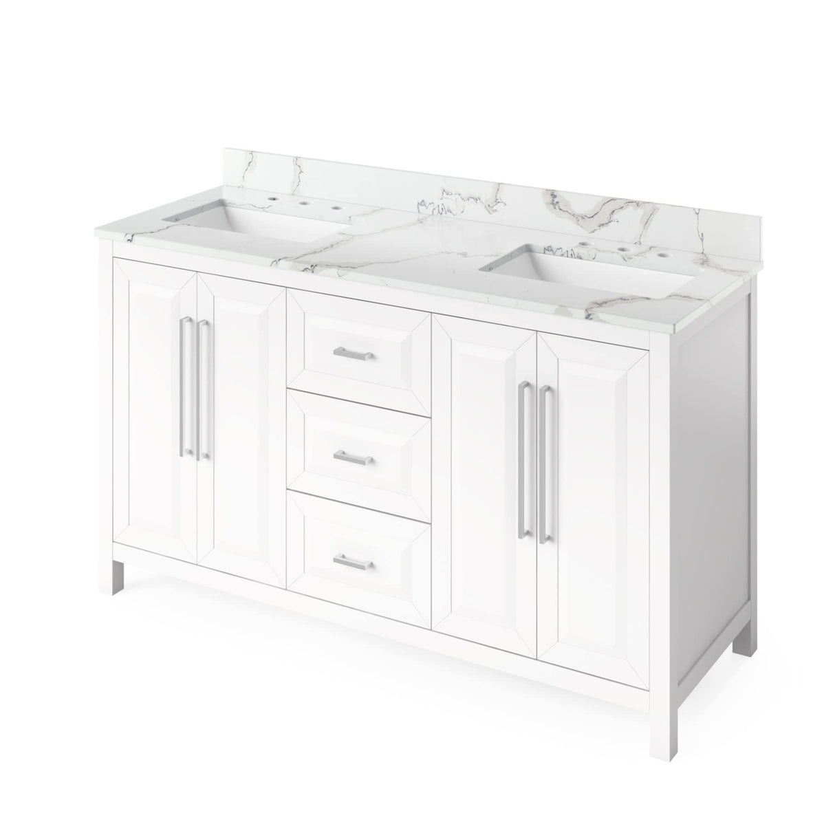Jeffrey Alexander VKITCAD60WHBOR 60" White Cade Vanity, double bowl, Boulder Cultured Marble Vanity Top, undermount rectangle bowl