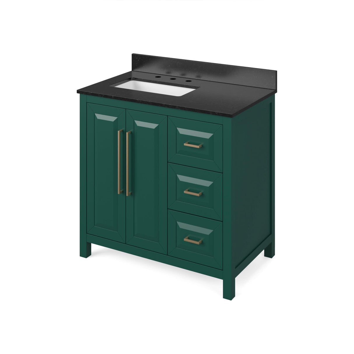 Jeffrey Alexander VKITCAD36GNBGR 36" Forest Green Cade Vanity, left offset, Black Granite Vanity Top, undermount rectangle bowl