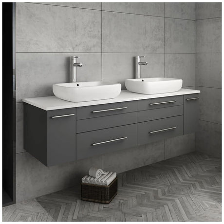 Fresca FCB6160WH-VSL-D-CWH-V Fresca Lucera 60" White Wall Hung Modern Bathroom Cabinet w/ Top & Double Vessel Sinks
