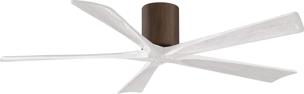 Matthews Fan IR5H-WN-MWH-60 Irene-5H five-blade flush mount paddle fan in Walnut finish with 60” solid matte white wood blades. 