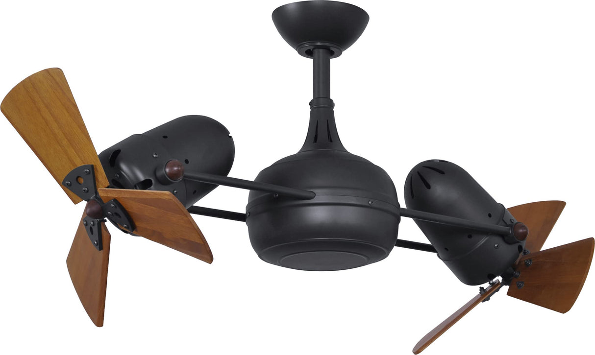 Matthews Fan DG-BK-WD Dagny 360° double-headed rotational ceiling fan in Matte Black finish with solid mahogany tone wood blades.