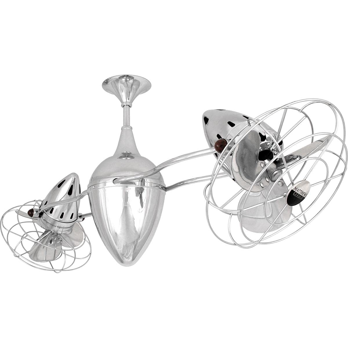 Matthews Fan AR-CR-MTL Ar Ruthiane 360° dual headed rotational ceiling fan in polished chrome finish with metal blades.