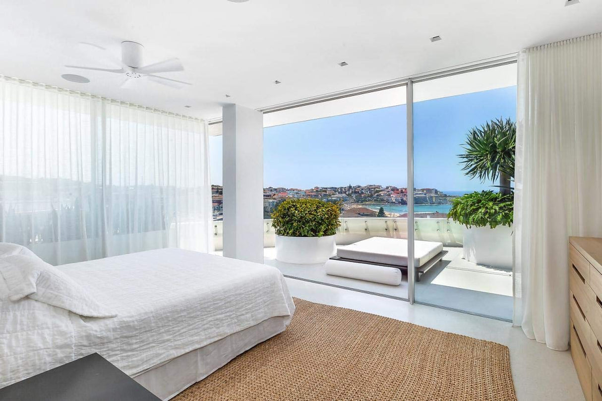 Matthews Fan IR5H-BK-MWH-60 Irene-5H five-blade flush mount paddle fan in Matte Black finish with 60” solid matte white wood blades.