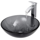 VIGO VGT252 16.5" L -16.5" W -12.0" H Sheer Handmade Countertop Glass Round Vessel Bathroom Sink Set in Sheer Black Finish with Chrome Single-Handle Single Hole Faucet and Pop Up Drain