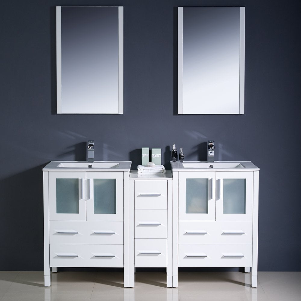 Fresca FVN62-241224WH-UNS Fresca Torino 60" White Modern Double Sink Bathroom Vanity w/ Side Cabinet & Integrated Sinks