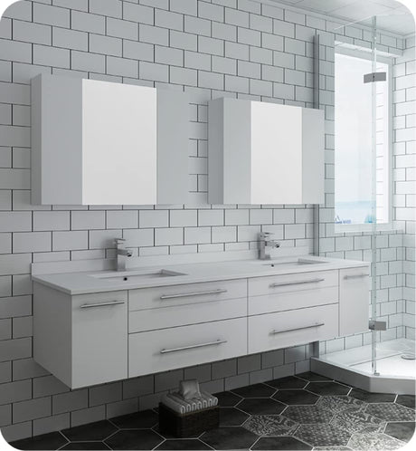 Fresca FVN6172WH-UNS-D Fresca Lucera 72" White Wall Hung Double Undermount Sink Modern Bathroom Vanity w/ Medicine Cabinets