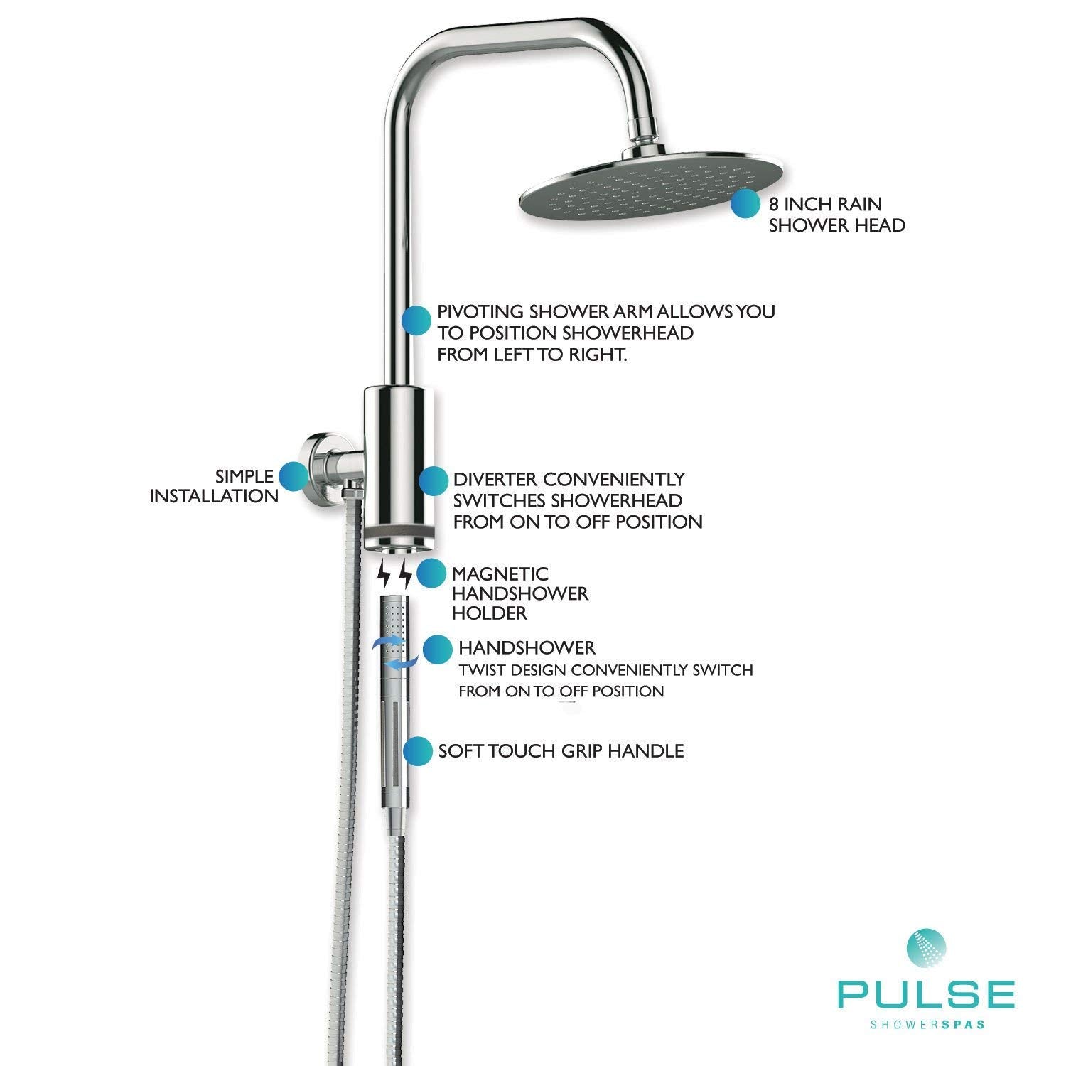 PULSE ShowerSpas 1052-BN-1.8GPM Aquarius Shower System with 8" Rain Showerhead and Magnetic Attached Hand Shower with On/Off, Brushed Nickel, 1.8 GPM