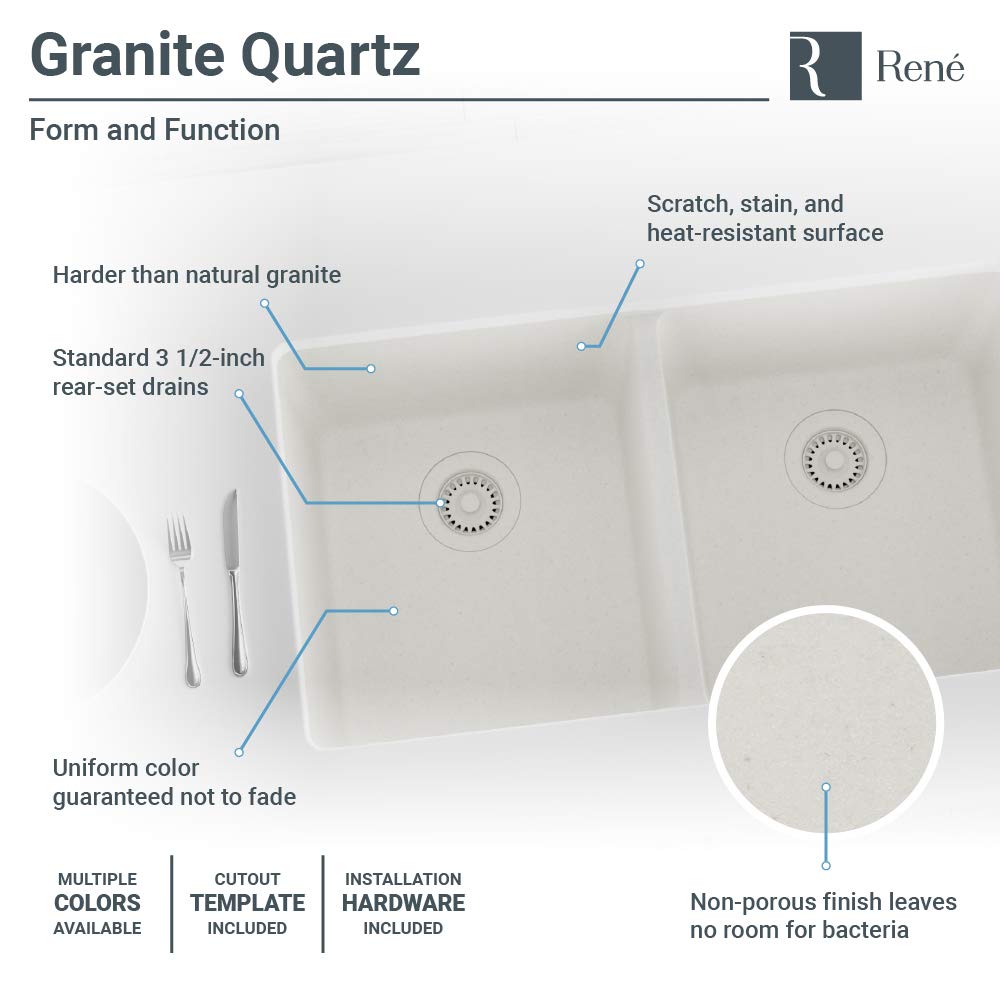 R3-1002-IVR-ST-CGF Ivory Equal Double Bowl Quartz Kitchen Sink with Two Grids and Matching Colored Strainer and Flange