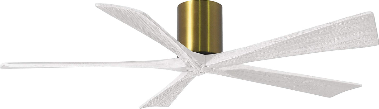 Matthews Fan IR5H-BRBR-MWH-60 Irene-5H five-blade flush mount paddle fan in Brushed Brass finish with 60” solid matte white wood blades. 