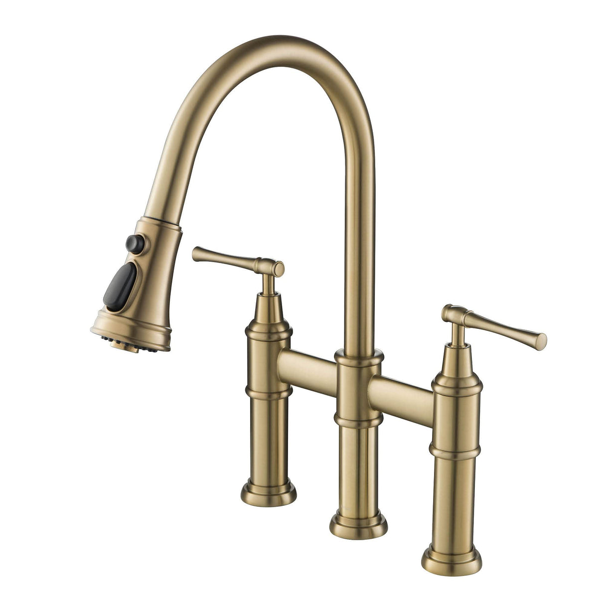 KRAUS Allyn Transitional Bridge Kitchen Faucet with Pull-Down Sprayhead in Brushed Gold, KPF-3121BG
