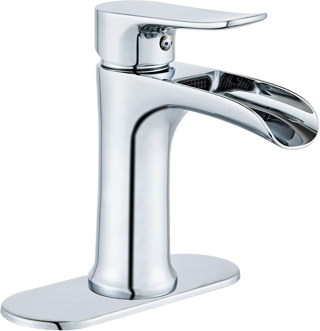 Chrome Bathroom Sink Faucet – Waterfall Design with Single or 3-Hole Installation and 4-Inch Deck Plate