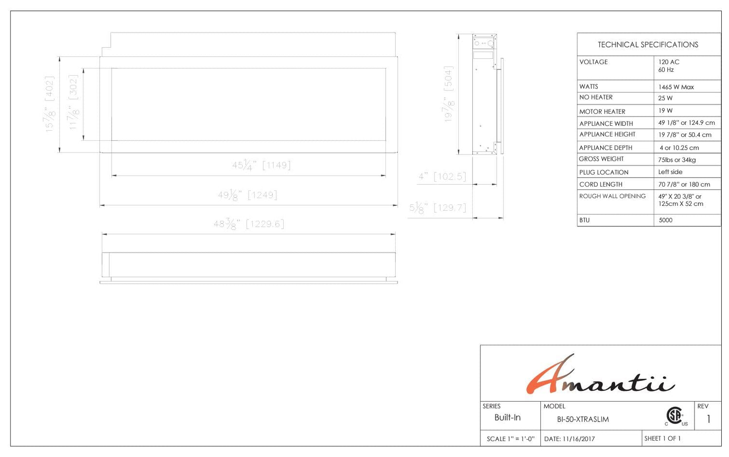 Amantii BI-50-XTRASLIM Panorama Xtraslim Full View Smart Electric  - 50" Indoor /Outdoor WiFi Enabled  Fireplace, featuring a MultiFunction Remote, Multi Speed Flame Motor, Glass Media & a Black Trim