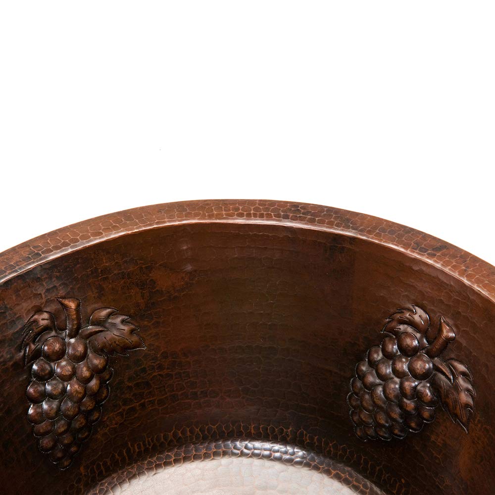 Premier Copper Products BR16GDB2 16-Inch Universal Round Hammered Copper with Grapes Bar Sink and 2-Inch Drain Size, Oil Rubbed Bronze