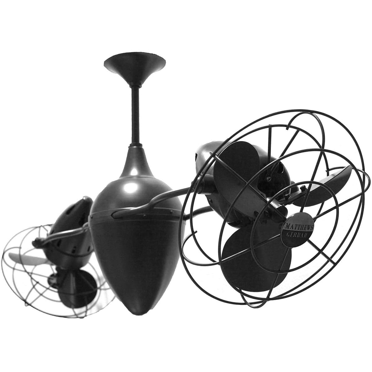 Matthews Fan AR-BK-MTL Ar Ruthiane 360° dual headed rotational ceiling fan in Matte Black finish with metal blades.