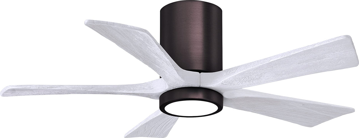 Matthews Fan IR5HLK-BB-MWH-42 IR5HLK five-blade flush mount paddle fan in Brushed Bronze finish with 42” solid matte white wood blades and integrated LED light kit.