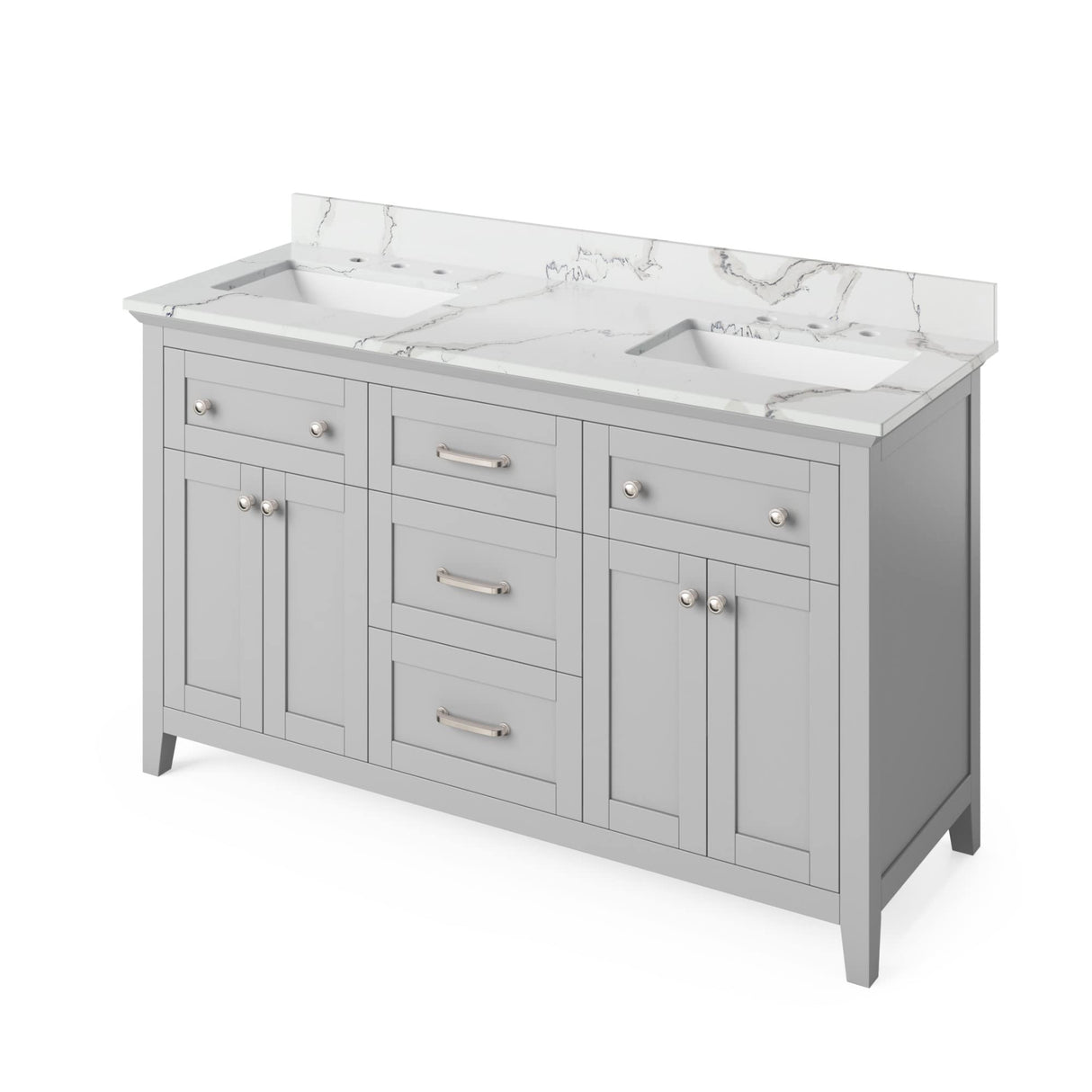 Jeffrey Alexander VKITCHA60GRSGR 60" Grey Chatham Vanity, double bowl, Steel Grey Cultured Marble Vanity Top, two undermount rectangle bowls