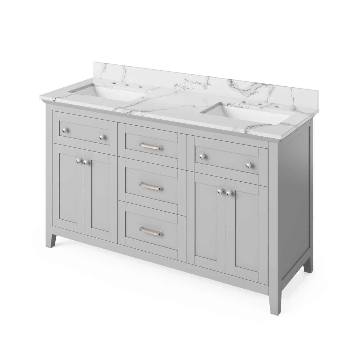 Jeffrey Alexander VKITCHA60WHSGR 60" White Chatham Vanity, double bowl, Steel Grey Cultured Marble Vanity Top, two undermount rectangle bowls