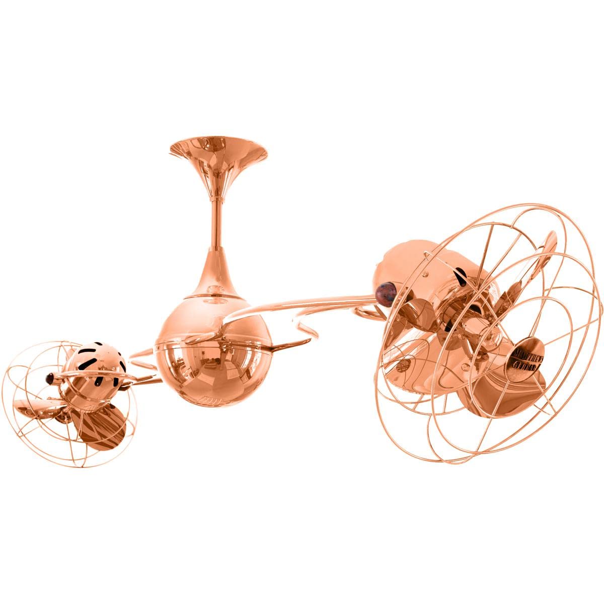 Matthews Fan IV-CP-MTL Italo Ventania 360° dual headed rotational ceiling fan in polished copper finish with metal blades.