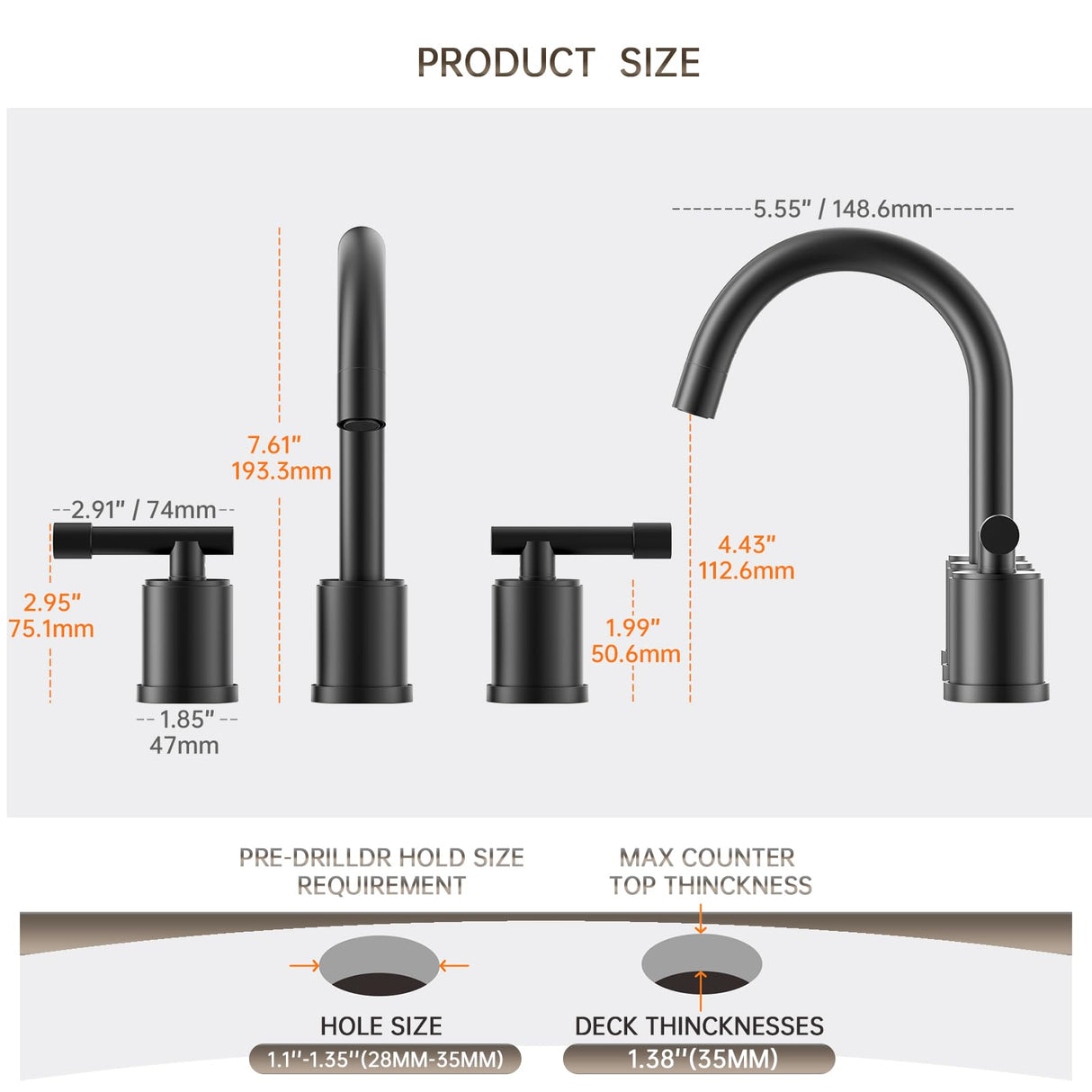 8-Inch Three-Hole Bathroom Faucet with Pull-Down Sprayer, Widespread Design, Metal Pop-Up Drain, Water Supply Lines, and Two Handles