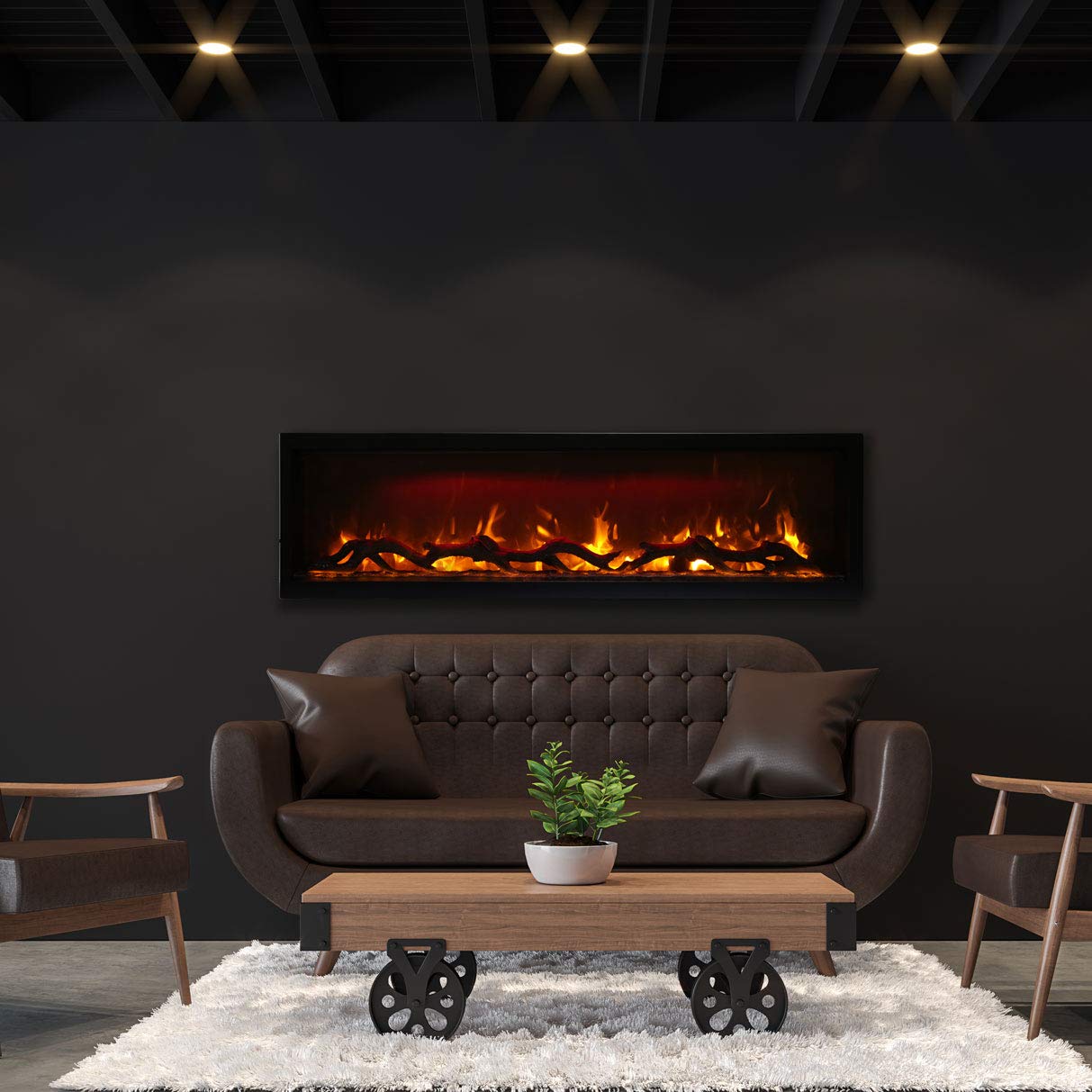 Amantii SYM-60 Symmetry Smart Electric  60" Indoor / Outdoor WiFi Enabled Built In Fireplace, Featuring a MultiFunction Remote Control , Multi Speed Flame Motor and a 10 piece Birch Log Set
