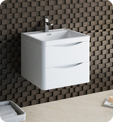 Fresca FCB9024WH-I Fresca Tuscany 24" Glossy White Wall Hung Modern Bathroom Cabinet w/ Integrated Sink