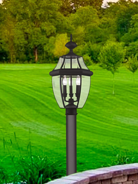 Livex Lighting 2354-04 Monterey 3 Light Outdoor Black Finish Solid Brass Post Head with Clear Beveled Glass