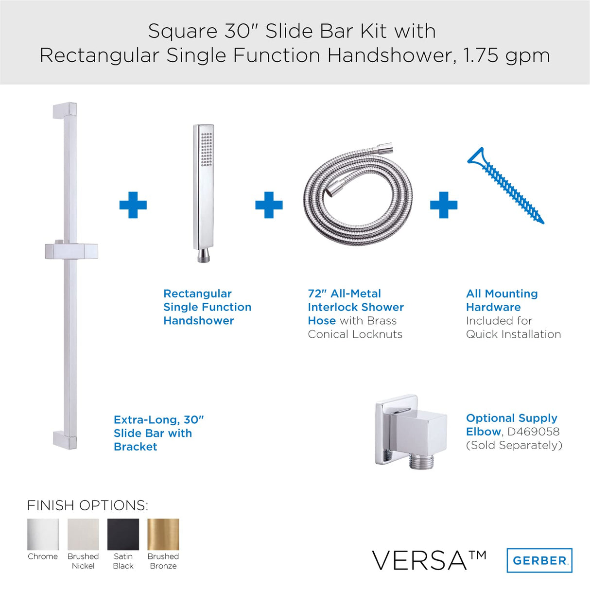 Gerber D462726 Chrome Versa Square 30" Slide Bar Assembly With Single FUNCTION...