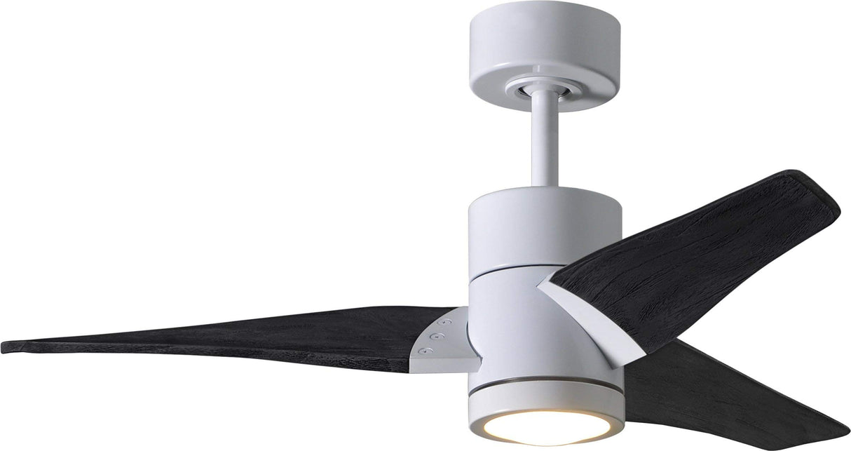 Matthews Fan SJ-WH-BK-42 Super Janet three-blade ceiling fan in Gloss White finish with 42” solid matte blade wood blades and dimmable LED light kit