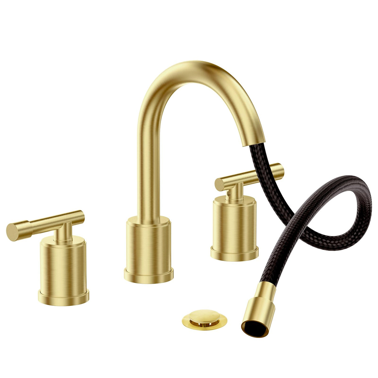 8-Inch Three-Hole Bathroom Faucet with Pull-Down Sprayer, Widespread Design, Metal Pop-Up Drain, Water Supply Lines, and Two Handles