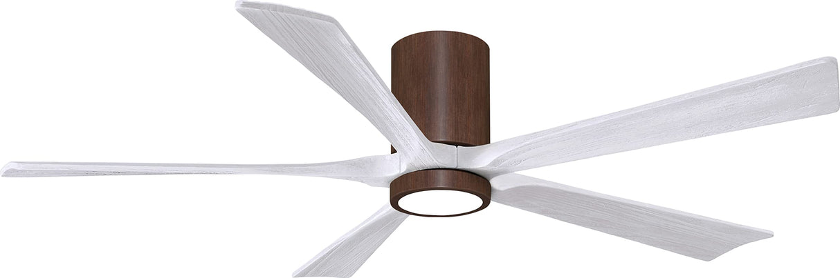 Matthews Fan IR5HLK-WN-MWH-60 IR5HLK five-blade flush mount paddle fan in Walnut finish with 60” solid matte white wood blades and integrated LED light kit.