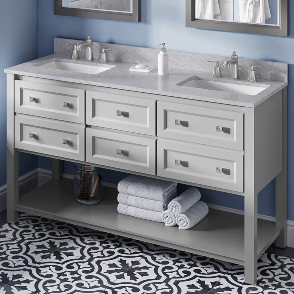 Jeffrey Alexander VKITADL60GRWCR 60" Grey Adler Vanity, double bowl, White Carrara Marble Vanity Top, two undermount rectangle bowls