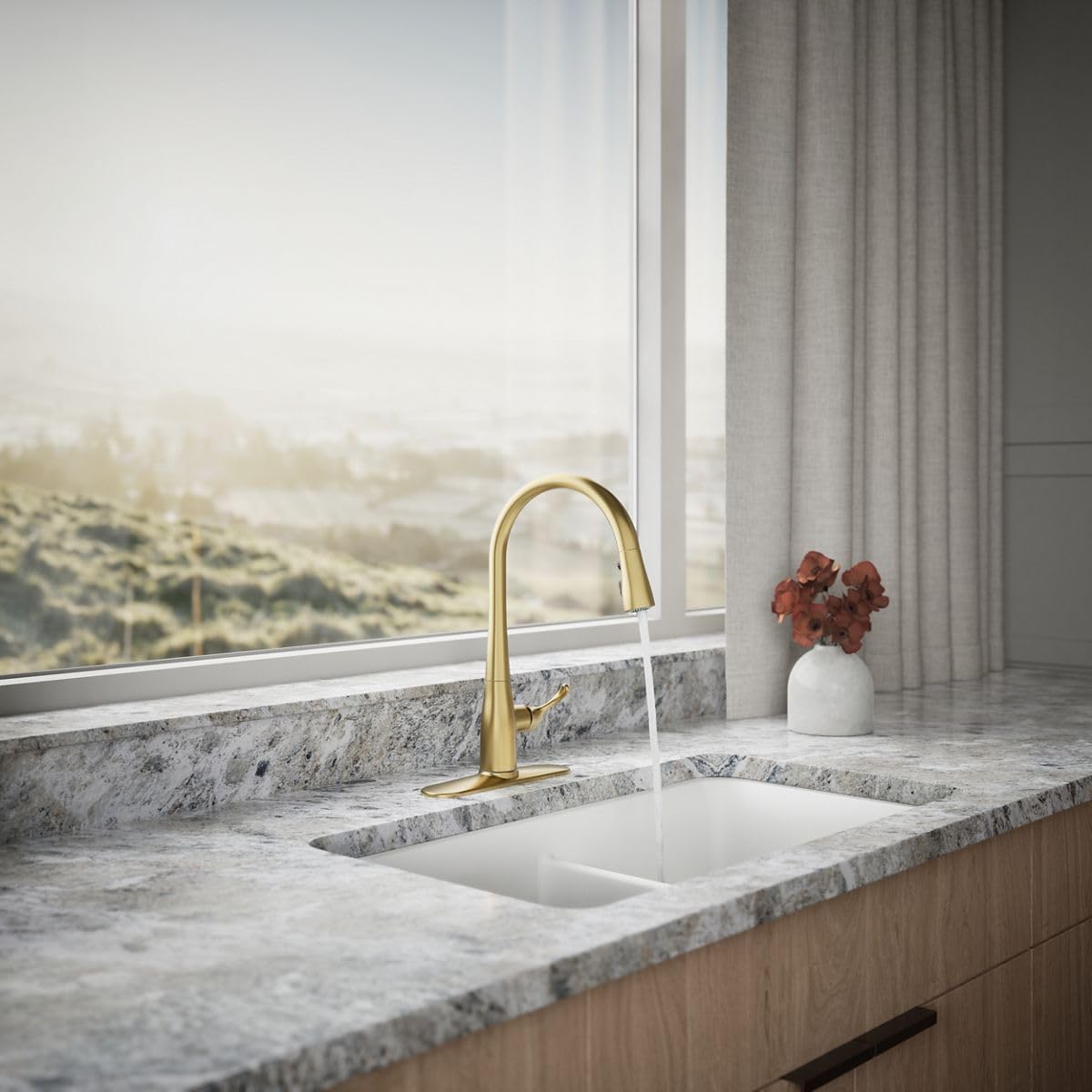 Kohler 596-2MB Simplice Pull Down Kitchen Faucet, 3-Spray Faucet, Kitchen Sink Faucet with Pull Down Sprayer, Vibrant Brushed Moderne Brass