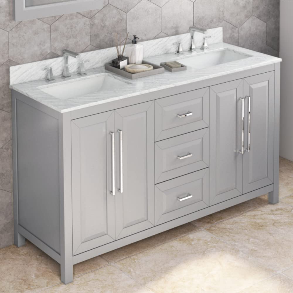 Jeffrey Alexander VKITCAD60GRWCR 60" Grey Cade Vanity, double bowl, White Carrara Marble Vanity Top, undermount rectangle bowl