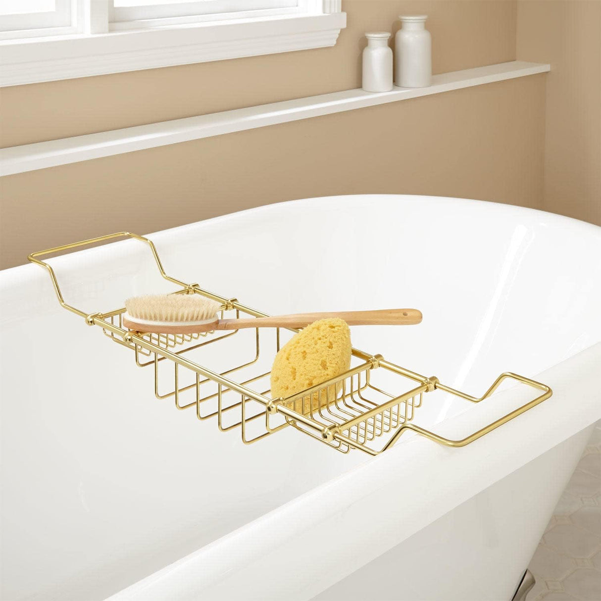 Signature Hardware Nottingham Adjustable Brass Tub Caddy 123696
